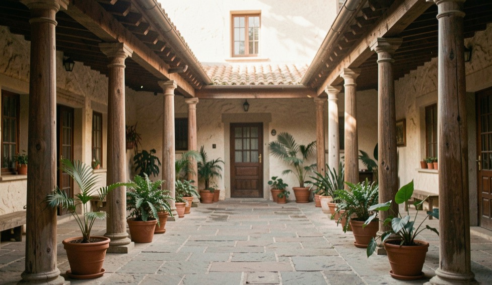 Patio interior de una casona antigua con galería de columnas de madera alrededor, piso de lajas de piedra, plantas en macetas de barro y luz suave de la tarde entrando desde arriba