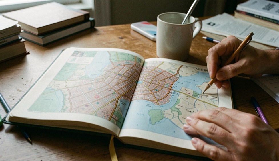 Cuaderno abierto con un mapa de la ciudad y una taza, preparación de una estancia de estudios