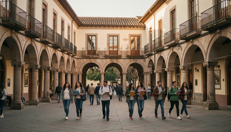 Plaza porticada de una ciudad castellana al atardecer, con estudiantes caminando con cuadernos bajo los soportales