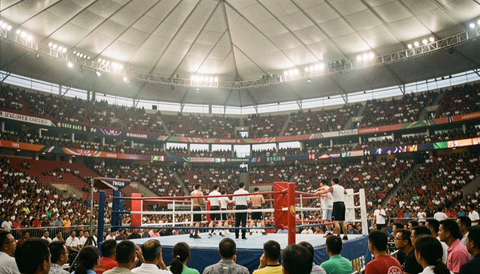 Grada de un estadio de boxeo en Bangkok con la lona iluminada antes de la velada