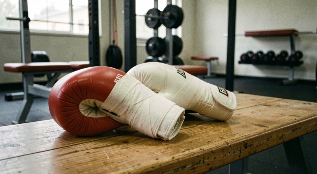 Guantes de boxeo y vendas sobre un banco de madera en un gimnasio de entrenamiento