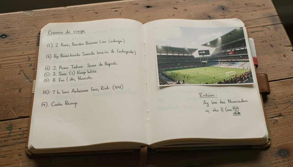 Cuaderno de viaje abierto con una cronología anotada a mano junto a una entrada de estadio