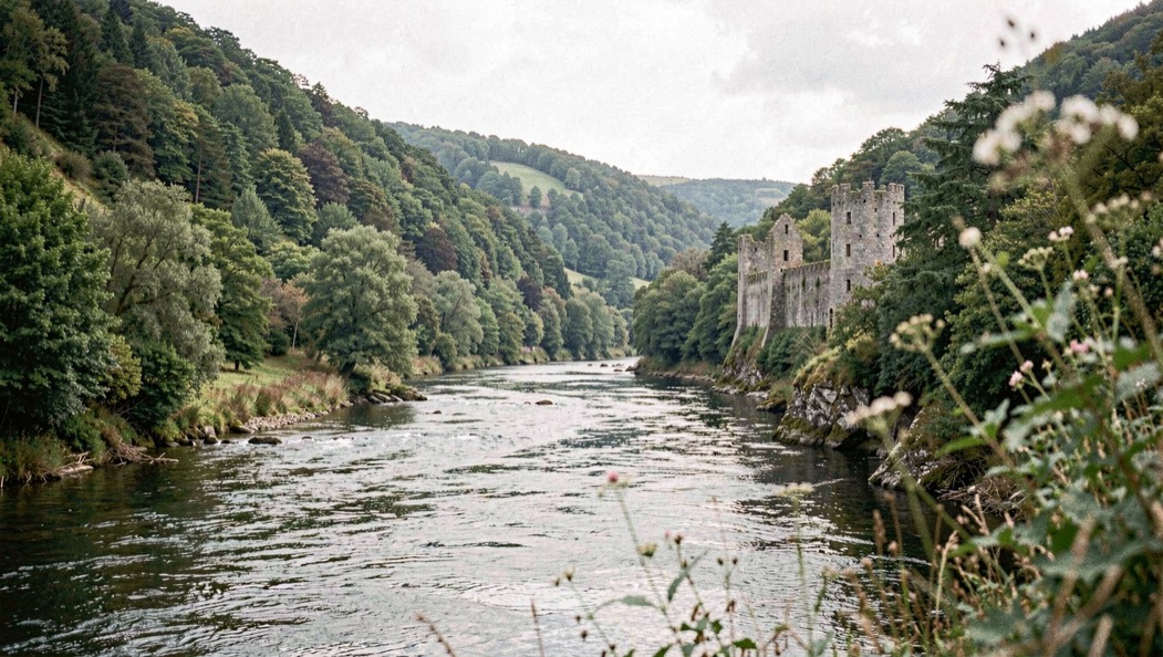 Valle de un río breton con laderas de bosque y restos de un castillo de piedra