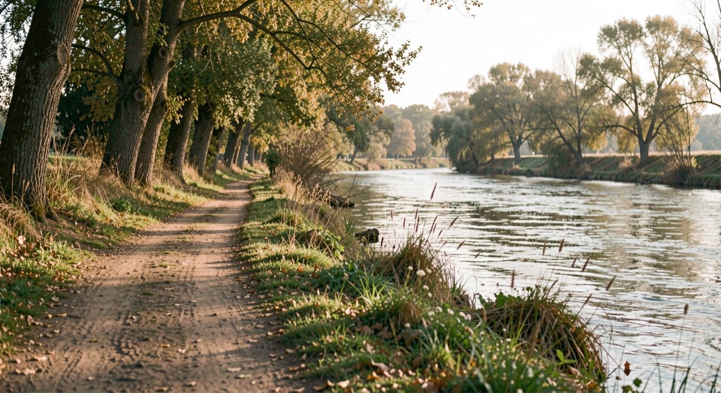Sendero de tierra junto a un río tranquilo con árboles de ribera y luz de mañana