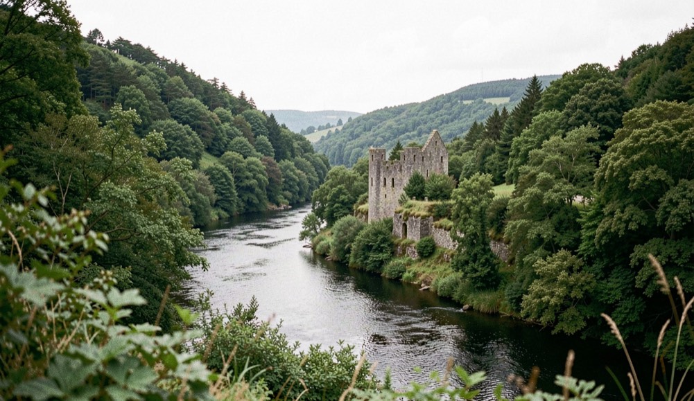 Valle de un río breton con laderas de bosque y restos de un castillo de piedra entre la vegetación