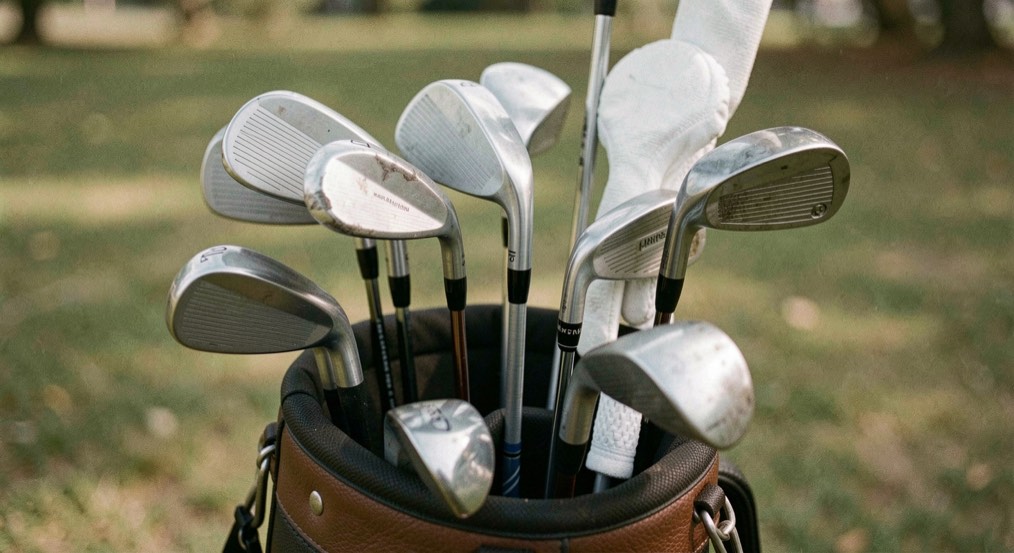 Palos de golf alineados en una bolsa con las varas y los agarres visibles en detalle