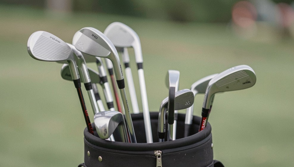 Palos de golf alineados en una bolsa, con las varas y los agarres visibles en detalle