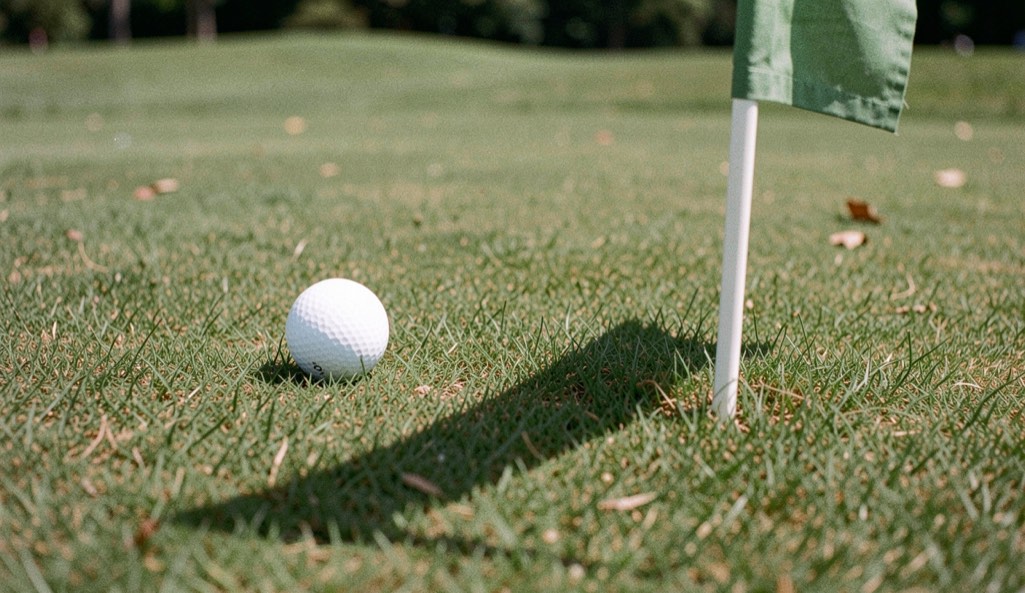 Bola de golf sobre la hierba cortada con la sombra de una bandera de hoyo al lado