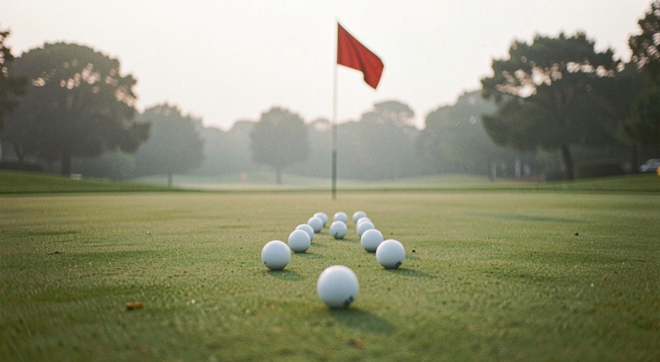 Campo de prácticas de golf a primera luz, con bolas alineadas sobre el césped cortado y una bandera al fondo